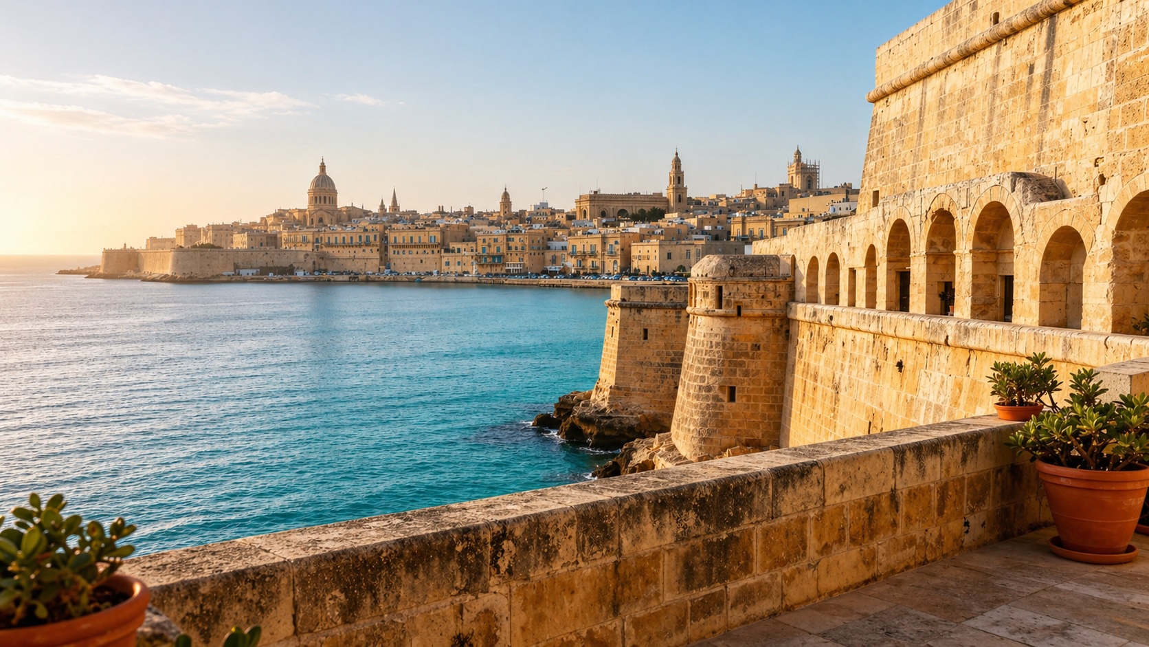 Mediterranean coastline view from a Maltese fortress
